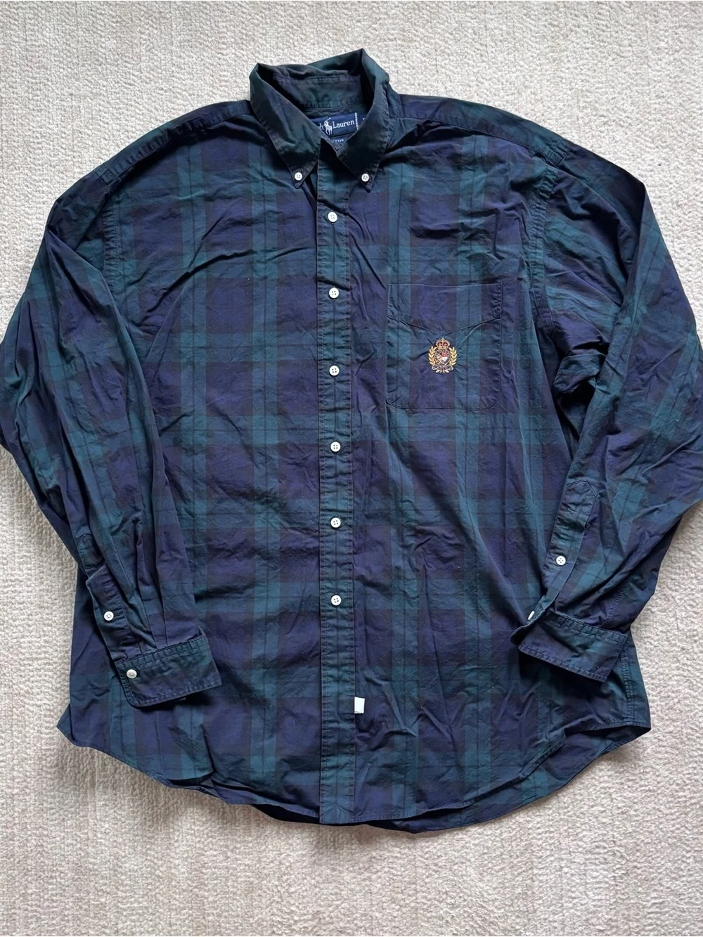 Vintage Ralph Lauren Navy and Green Plaid Button-Down Shirt XL